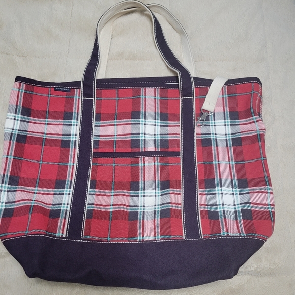 Lands End Jumbo Tote Bag Oversized Carryall Patriotic Plaid Red White Blue - Picture 1 of 14
